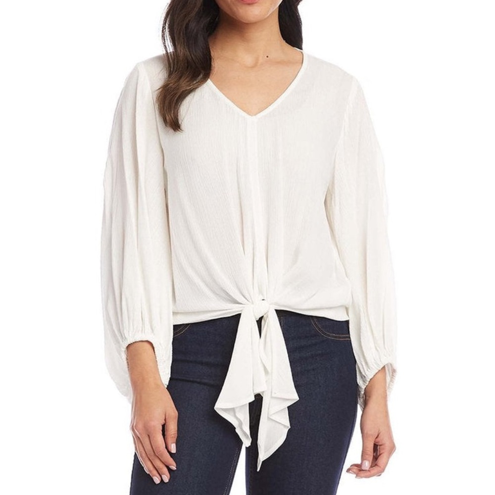 Karen Kane Tie Front Lantern Sleeve Top In Off White 🔴